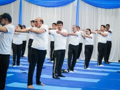 International Yoga Day in Shillong: Rajnath Singh Joins Armed Forces for Yoga Session